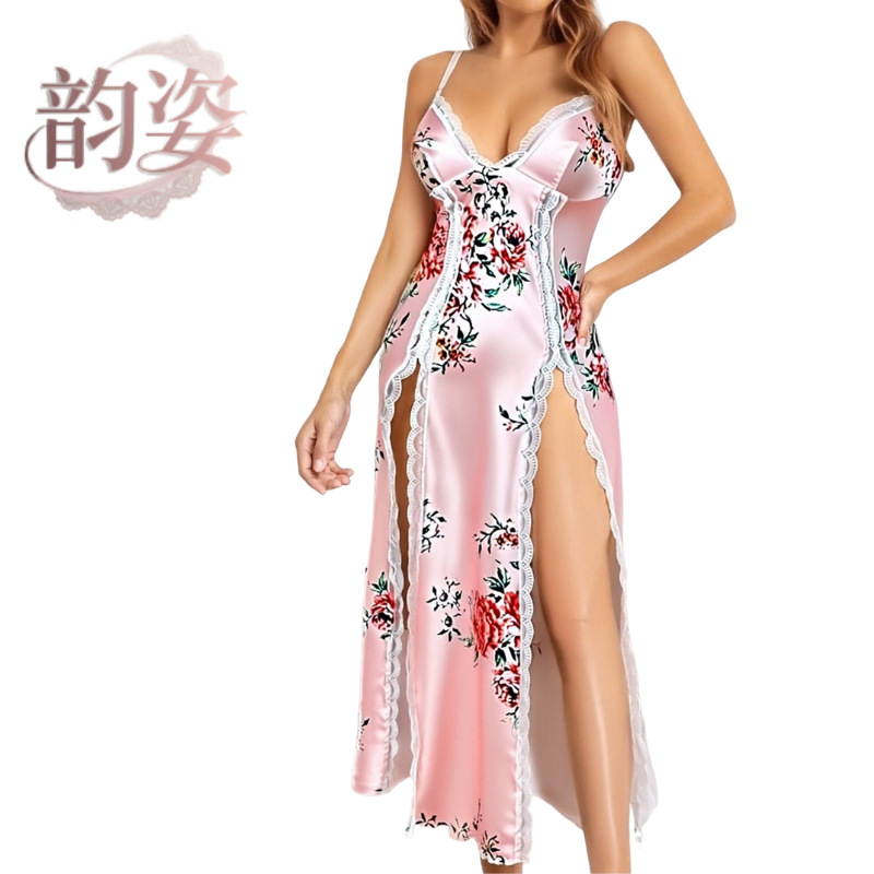 Cross-border V-neck, backless, sexy satin printed camisole nightgown set, women's European and American style, new sexy lingerie wholesale