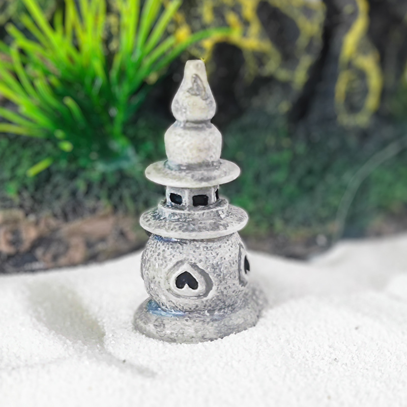 Venta caliente micro paisaje rocalla decoración zen tres piscinas luna luna pequeña torre de piedra linterna palacio antiguo pecera paisajismo punto cabello directo