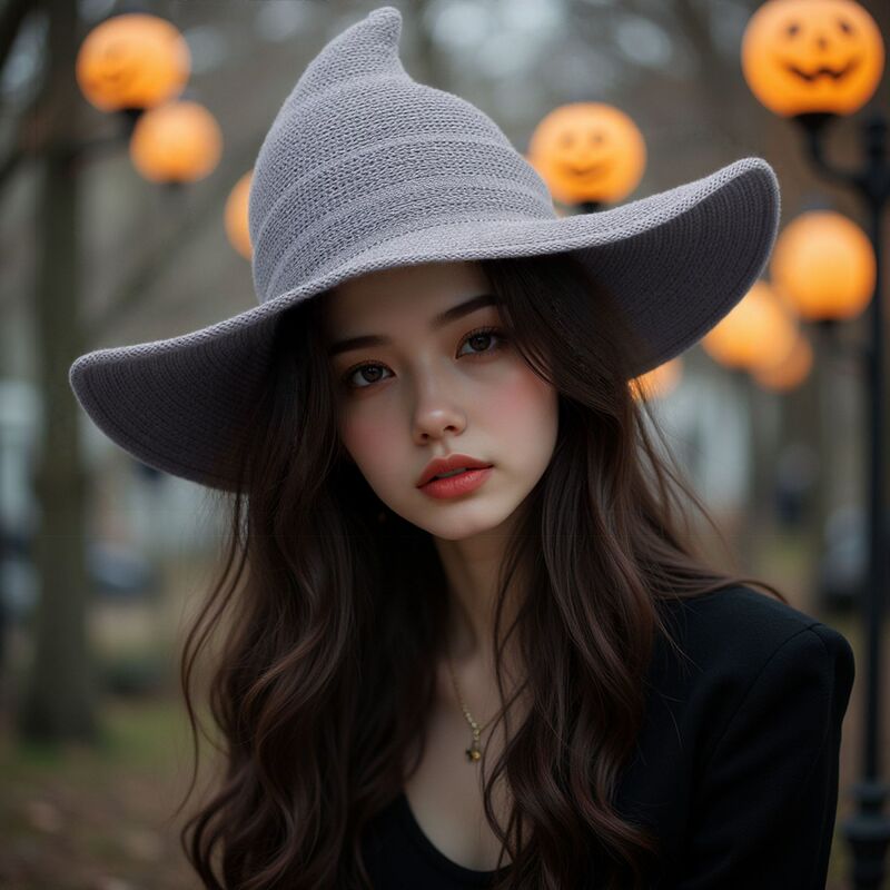跨境专供棉纱巫师亚马逊爆款针织万圣节女巫帽尖顶可折叠魔法帽子|undefined