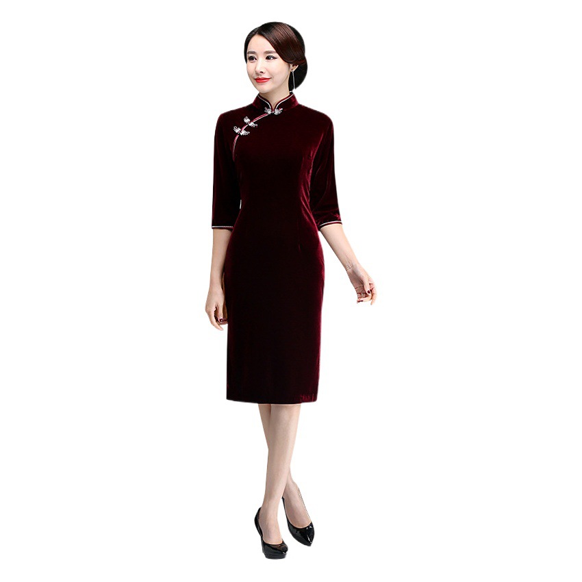 2024 spring new plain small gold velvet cheongsam Western style noble wedding dress mid-length dress for mom