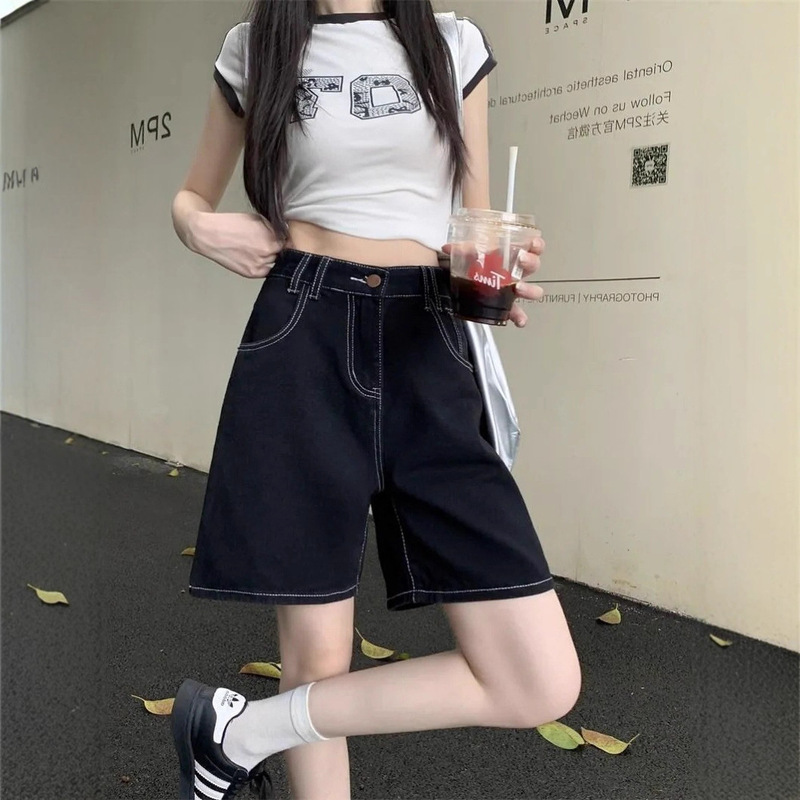Black High-Waisted Loose Slimming Casual A-Line Wide-Leg Denim Shorts for Women in Summer with Double Stitching