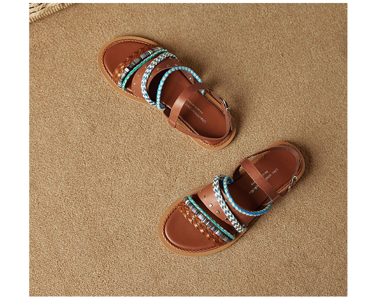 Dép sandal nữ quai ngang đế bằng da bò dệt phối màu, kiểu La Mã hở mũi — đen chi tiết 24