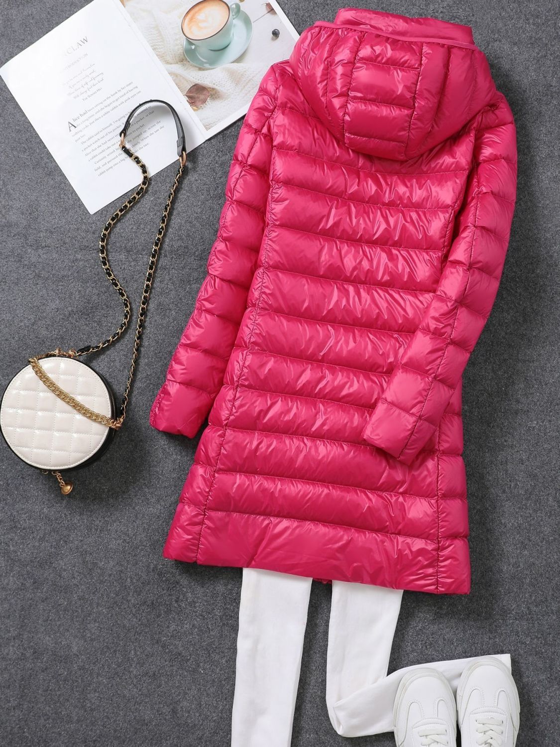 Tik Tok transfronterizo otoño y invierno nuevo chaqueta de plumón ligera de mujeres mediana y larga ropa blanca coreana chaqueta delgada sombrero desmontable