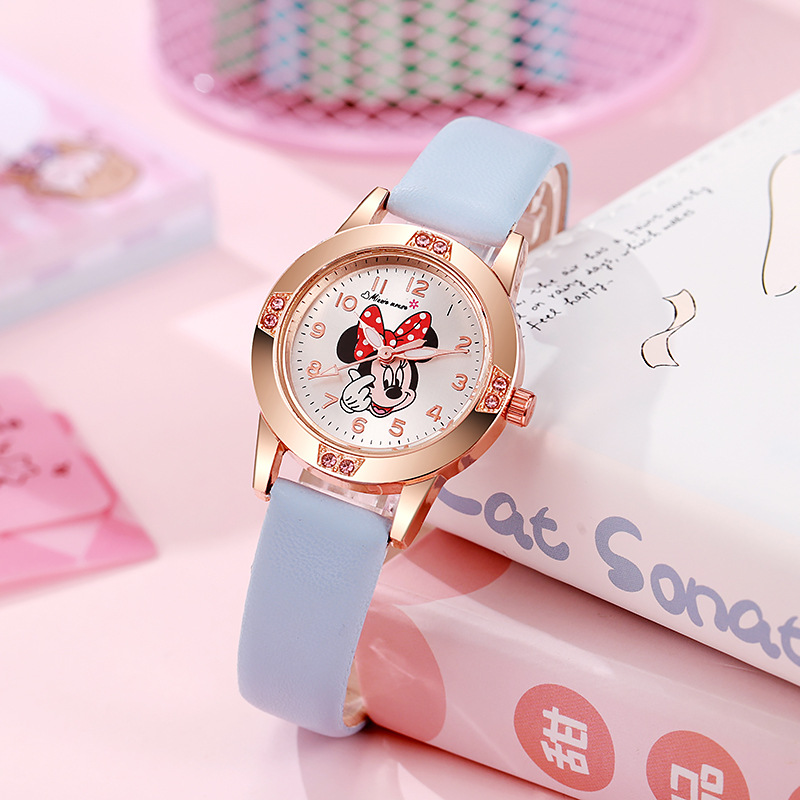 Ready Stock Wholesale Rose Gold Diamond-Encrusted Leather Strap Watch for Middle School Girls, Quartz Watch, Personalized Ladylike Style Watch
