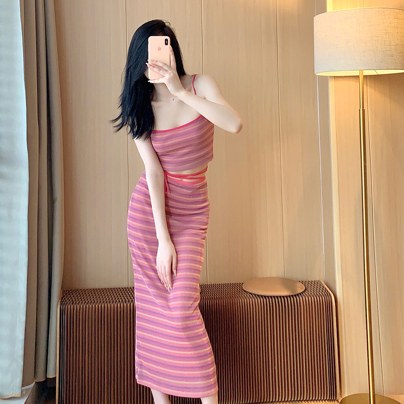 투피스 뉴 퓨어 디자이어 스타일 핫걸 콘트라스트 컬러 스트라이프 패션 스트랩 슈트