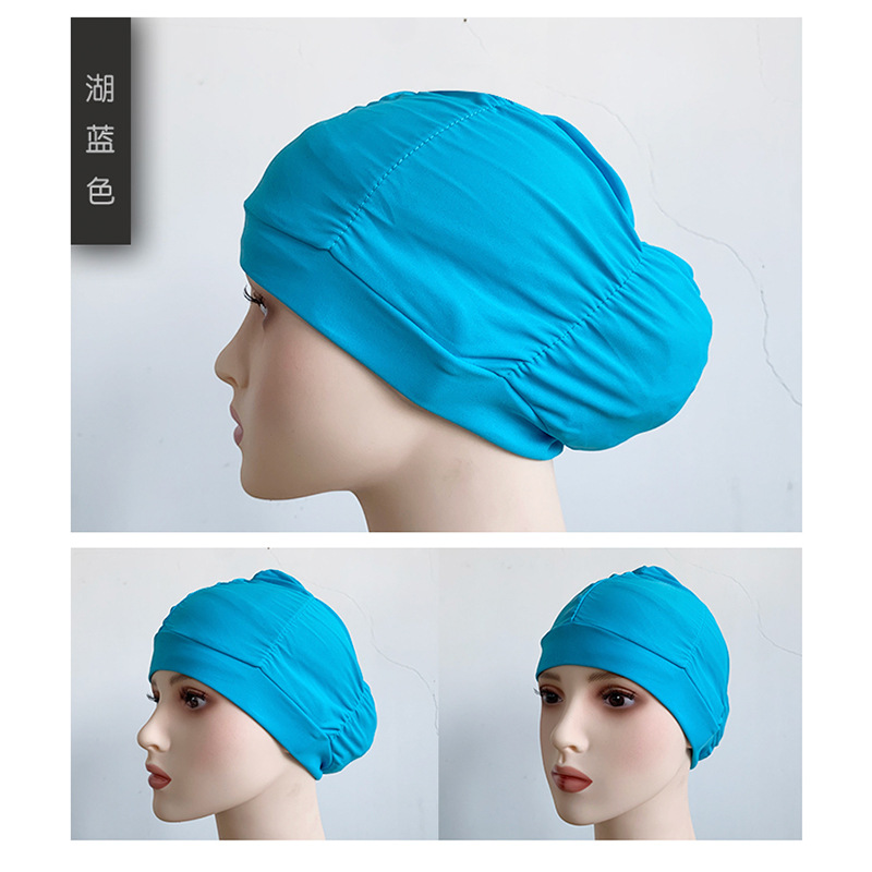 Fábrica al por mayor plisado paño gorro de natación extra grande circunferencia de la cabeza no apretado Pelo Largo oído protección natación caliente primavera unisex gorro de natación