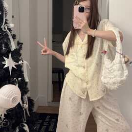 100%A类婴儿棉睡衣女长袖开衫卡通日系ins小熊花边开叉裤子家居服