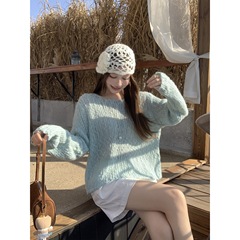实拍~甜美氛围感软糯长袖套头毛衣女2025秋冬宽松慵懒风针织上衣