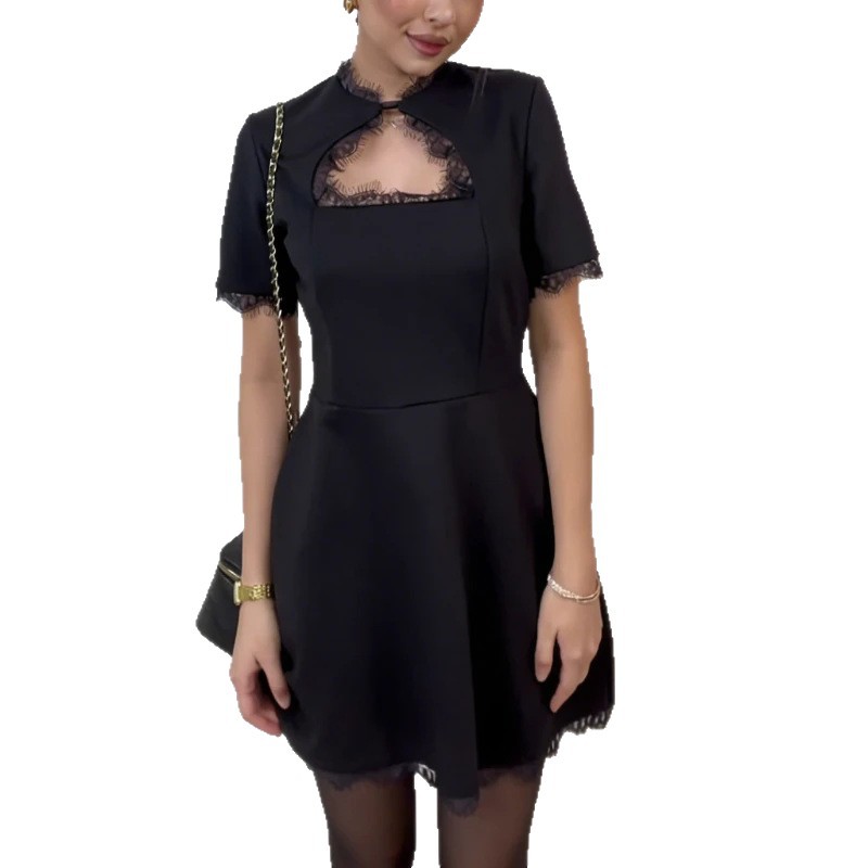 Women's Elegant Lace Panel Hollow Out Short Sleeve Belted A-Line Mini Dress – Casual Summer Black Gown_ecoleips.com