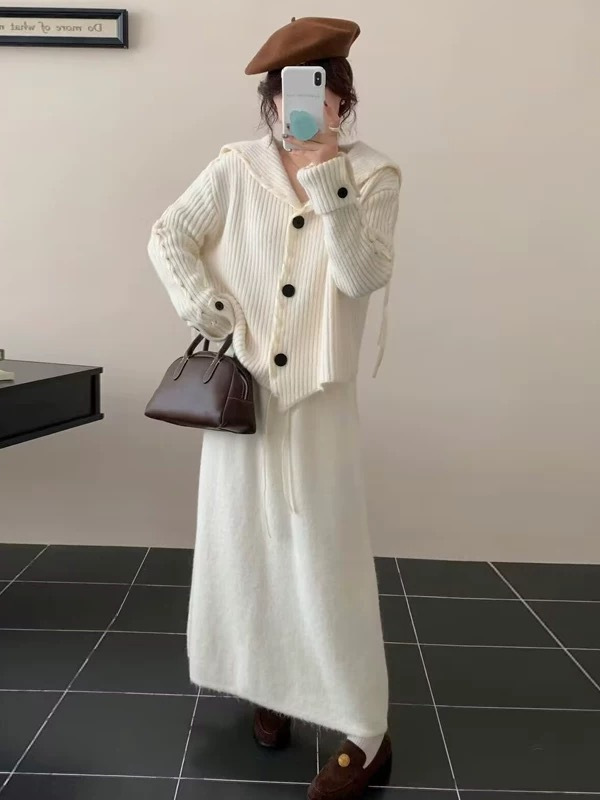 2025新款时尚针织套装女设计感飘带大翻领开衫＋半身裙两件套秋冬|undefined