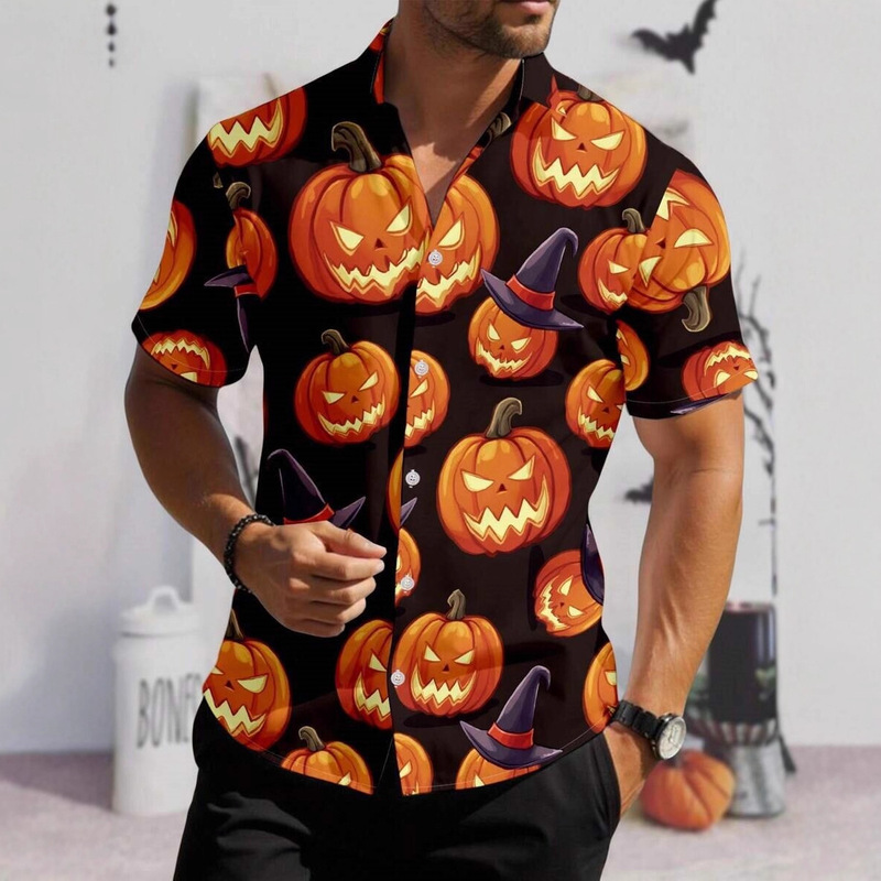 Halloween Men's Shirt Cross-Border European and American Holiday Dress Short-Sleeved Shirt Amazon 3D Printed Casual Shirt for Men