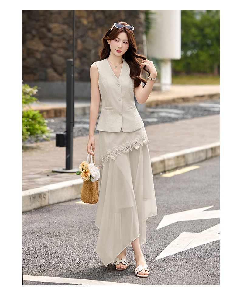 Bộ áo gile không tay và chân váy nữ cao cấp 2026 thiết kế thanh lịch tôn dáng hai mảnh YH6127 — Sữa hạnh nhân, màu trắng ngà chi tiết 25