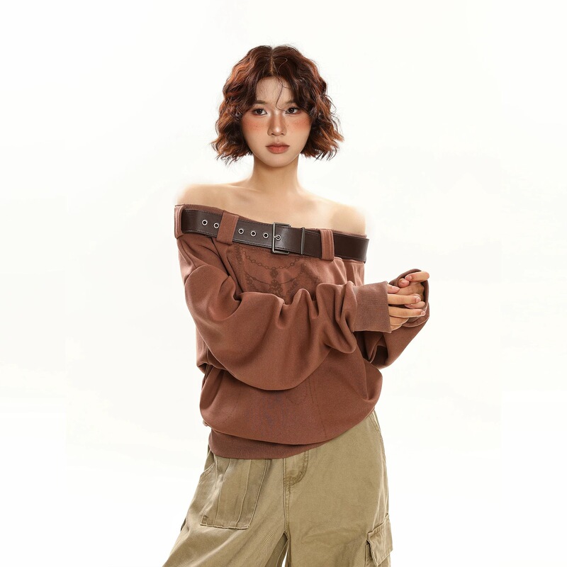 甜酷辣妹设计感皮带装饰斜肩长袖卫衣女气质显瘦百搭慵懒风上衣潮|undefined