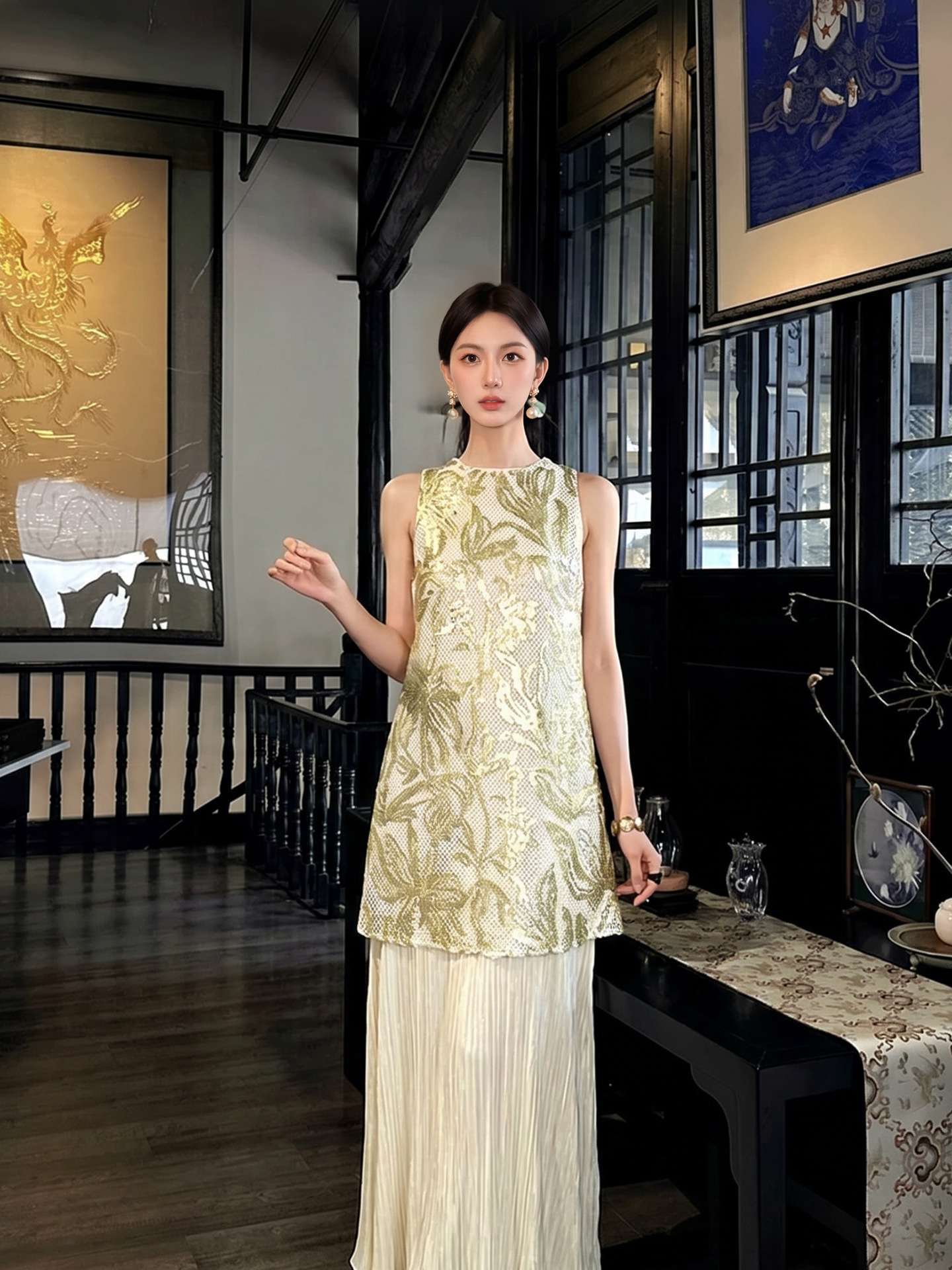 Đầm maxi nữ thắt eo phong cách Tân Trung Hoa họa tiết thêu nổi — Trà cà phê