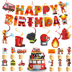 消防员主题生日派对装饰套装生日拉旗横幅消防员螺旋吊卡蛋糕插件