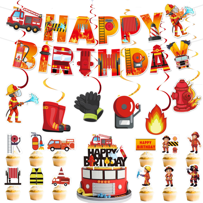 消防员主题生日派对装饰套装生日拉旗横幅消防员螺旋吊卡蛋糕插件|undefined