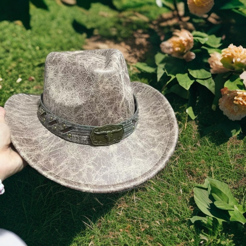 Cowboy Leather Belt for Men and Women, Wide-Brimmed Western Riding Hat, Sun Protection, Waterproof, Warm, Trendy Personality