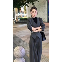 春の女性向けの新しいファッションスーツ、新しい気質の女性のウエストトップ、ワイドレッグパンツ、2点セット、多用途