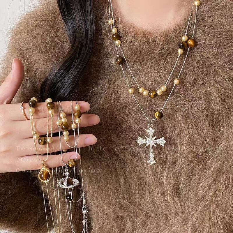 Tiger's Eye Stone and Pearl Double-Layered Cross Necklace for Women, Luxury Planet Sweater Chain Accessory Tiger's Eye Stone and Pearl Double-Layered Cross Necklace for Women, Luxury Planet Sweater Chain Accessory