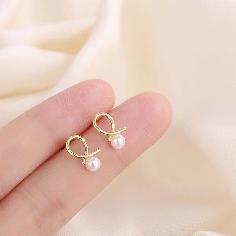 925銀珍珠設計感耳釘女氣質簡約鏤空耳墜交叉線條耳飾飾品批發