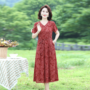 Dropshipping Middle-Aged and Elderly Women's 2025 New Summer Skirt Fashionable Mother's Wear Slimming Short-Sleeved Floral Dress