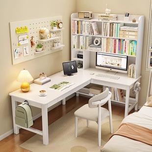 Cream Style Solid Wood Corner Desk Bookshelf Integrated Student Home Bookcase Combination Study Table 7-Shaped L-Shaped Computer Table
