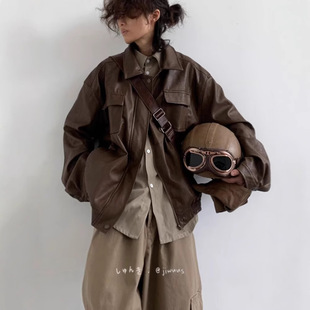 Spring and Autumn Japanese Style Retro Puffy Handsome PU Motorcycle Leather Jacket for Couple Men and Women Students Maillard Unisex Brown Leather Jacket Coat