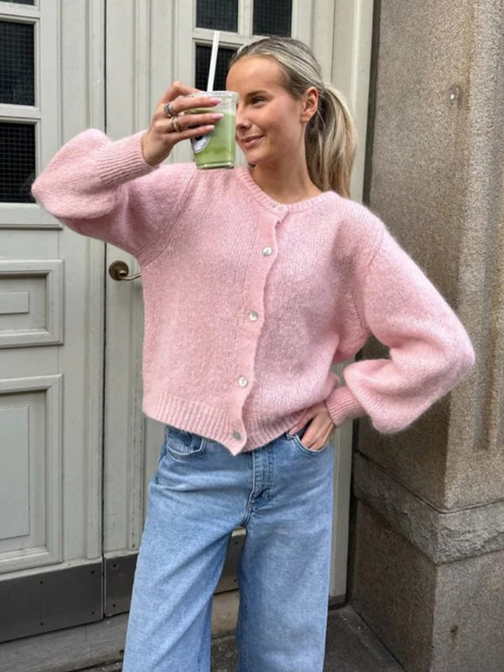Áo cardigan len dệt kim dáng mỏng nhẹ cài nút một hàng, tay dài cổ tròn nữ — hoa hồng đỏ, màu be, màu cam, màu hoa cà chi tiết 44