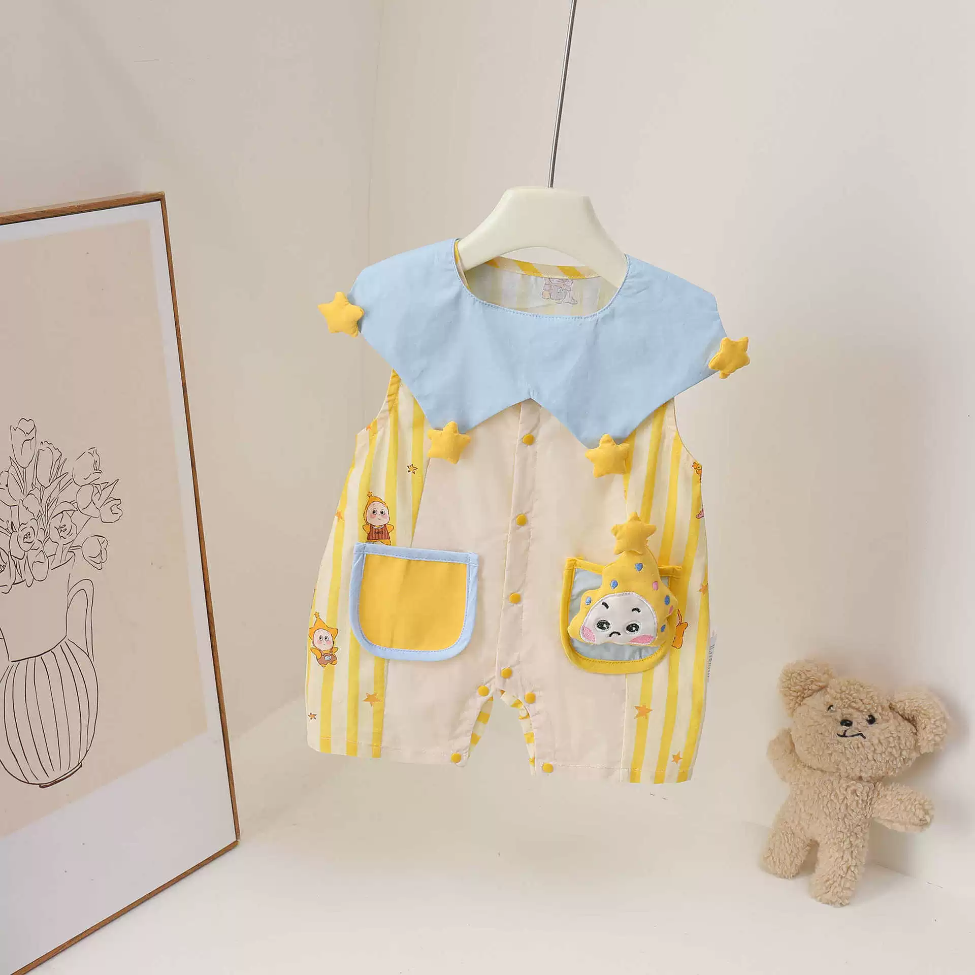 Детский летний тонкий комбинезон, летняя одежда, милый bodysuit для выхода без рукавов, западный стиль