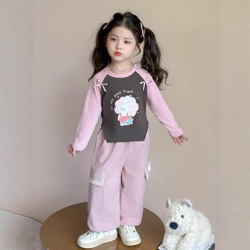 女童春秋套装2025新款儿童长袖T恤打底衫女宝卫衣工装裤两件套|undefined