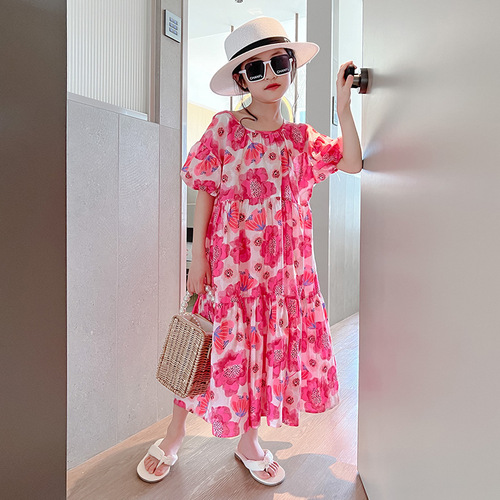 Girls Dress Summer Thin Cotton Skirt Children's Casual Princess Dress Cute Flower Puff Sleeve Long Skirt