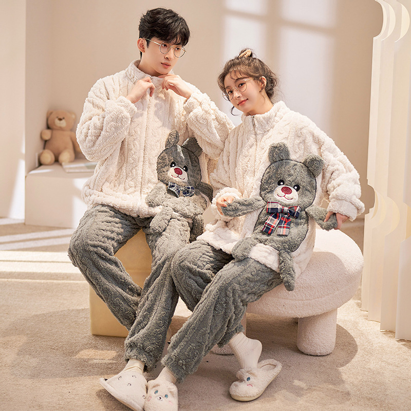 (2개) 커플 파자마 겨울 플러스 벨벳 두꺼운 산호 양털 여성 따뜻한 플란넬 남성 야외 홈 옷 정장 착용 가능