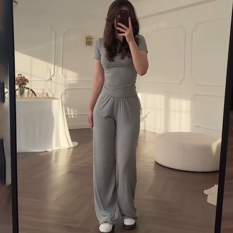 Summer solid trousers set, European style, lightweight, multiple colors & sleeve options