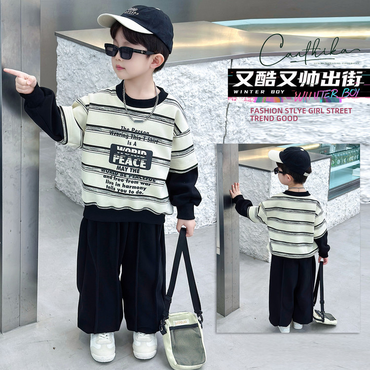 男童秋装条纹假两件卫衣套装春秋季儿童帅气运动两件套宝宝衣服潮|undefined