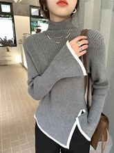 春秋薄款半高领内搭毛衣女秋冬洋气不规则开叉长袖打底针织衫上衣
