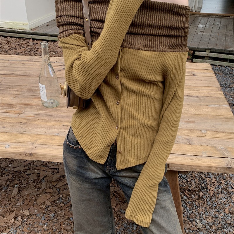 约穿搭翻领两穿打底衫女针织长袖显瘦上衣露肩|undefined