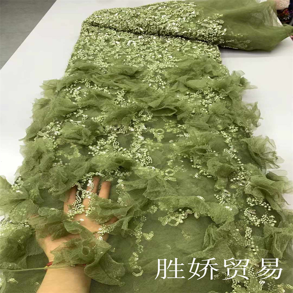 Nuevo bordado tridimensional 3D flor perlas encaje sequilla vestido vestido de boda vestido de tela de espectáculo