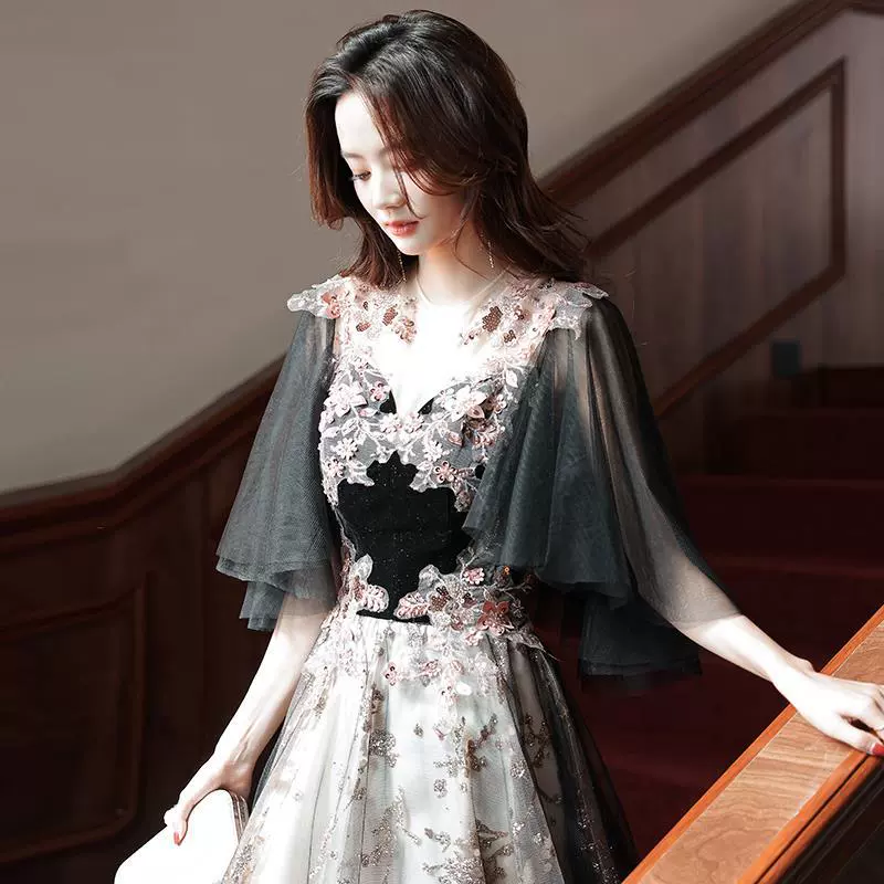Black elegant evening dress, bright catchy style