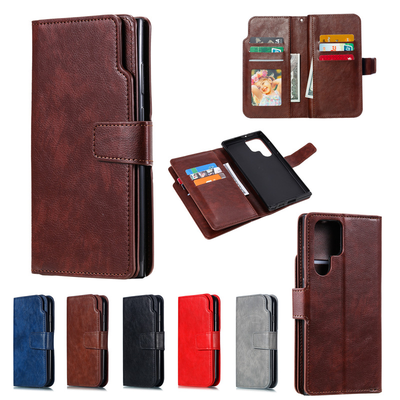 Suitable for Samsung S23Ultra Nine-Card Business Card Holder Mobile Phone Case S22Plus Flip Card Wallet Leather Case S23