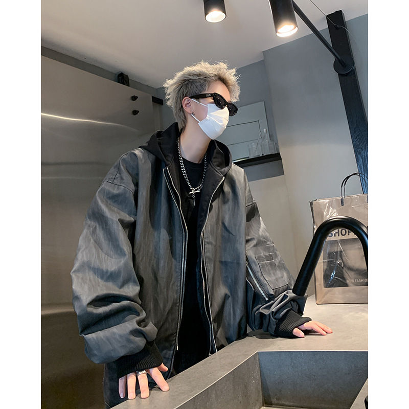American Style Retro Fake Two-piece Jacket Men's Spring and Autumn New High Street Loose Casual Hooded Leather Jacket for Men American Style Retro Fake Two-piece Jacket Men's Spring and Autumn New High Street Loose Casual Hooded Leather Jacket for Men
