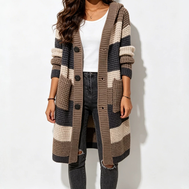Cross-Border Lazy Style Loose-Fitting Thick Knit Long Hooded Cardigan 2026 Autumn and Winter Color-Blocking Women's Sweater Coat