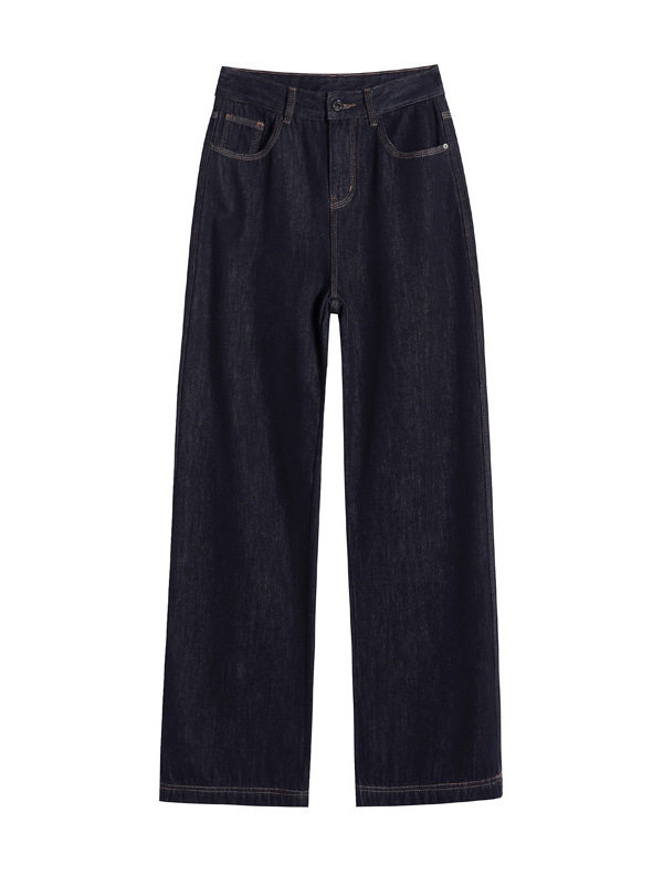 Quần jean nữ ống đứng cạp cao lót lông cừu màu xanh denim, form suông tôn dáng — Kiểu dài màu xanh đậm, Màu xanh đậm chín điểm, Màu xanh đậm kéo dài, Kiểu dài nhung dày màu xanh đậm