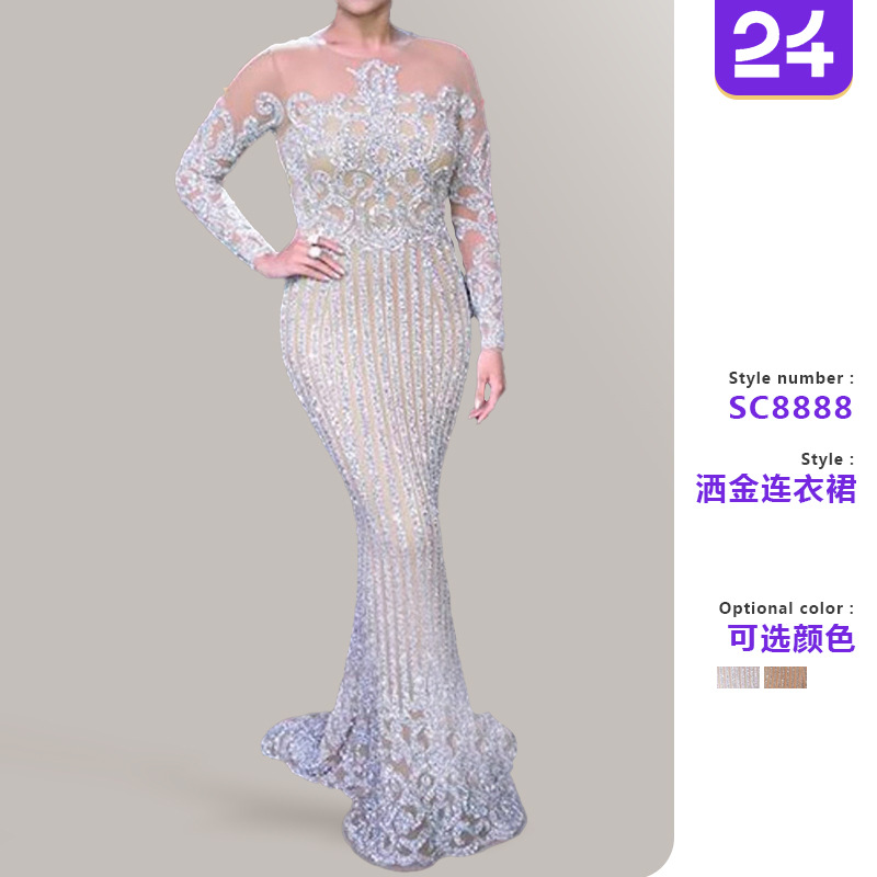 2026 New Cross-Border Foreign Trade Women's Clothing Independent Site Ebay Sexy Gold-Stamped Long-Sleeve Ball Gown Dress Long Dress