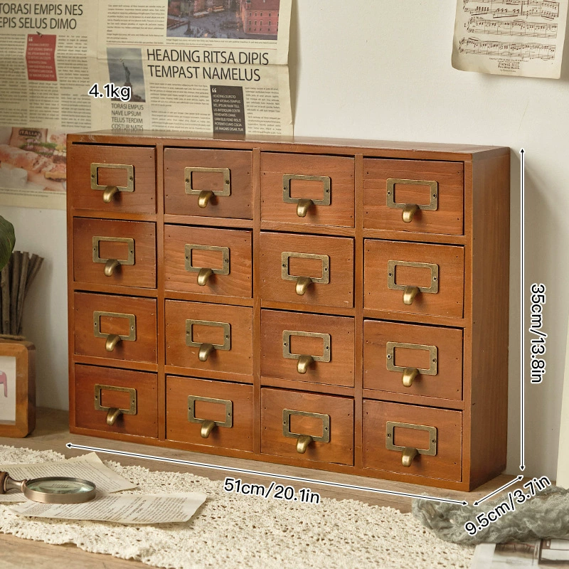 Solid Wood Multi-Drawer Storage Box, Desktop Organizer, 9/16 Drawers, Vintage Finish