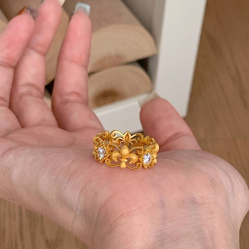中古金色拉絲鏤空鳶尾花戒指女ins精緻高級感指環個性百搭食指戒