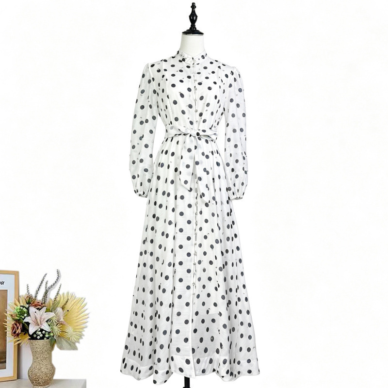 Cross-border foreign trade independent station printed elegant ladylike stand-up collar single-breasted lantern sleeve large hem waist-cinching long dress Cross-border foreign trade independent station printed elegant ladylike stand-up collar single-breasted lantern sleeve large hem waist-cinching long dress