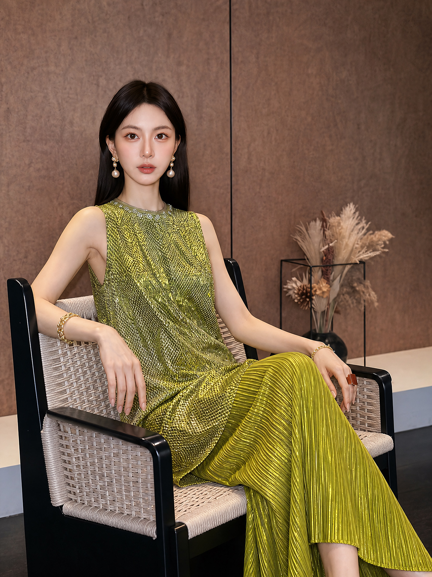 Đầm maxi nữ thắt eo phong cách Tân Trung Hoa họa tiết thêu nổi — Trà cà phê