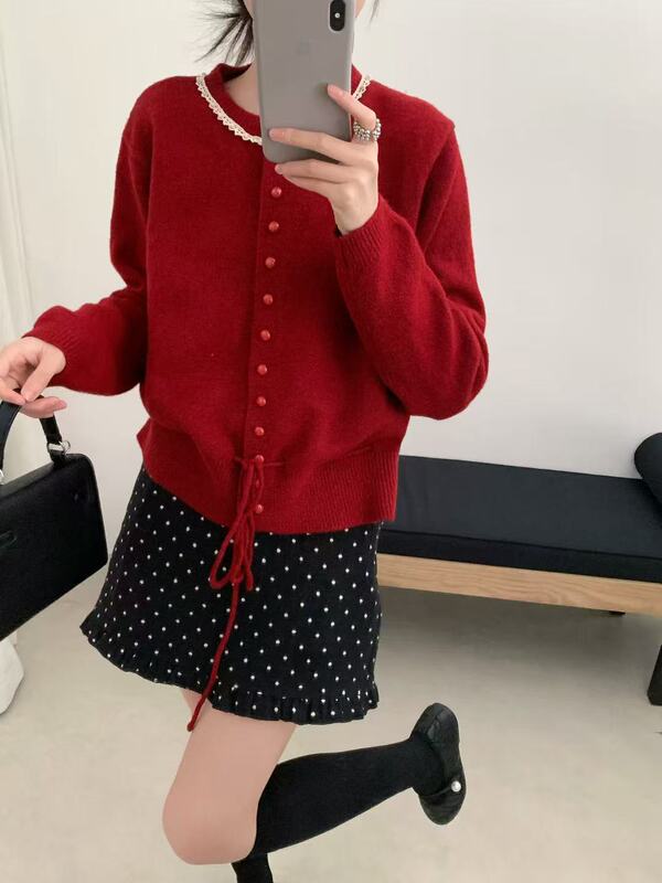 温柔风抽绳长袖毛衣女2秋冬新款收腰显瘦荷叶边设计感针织上衣女|undefined