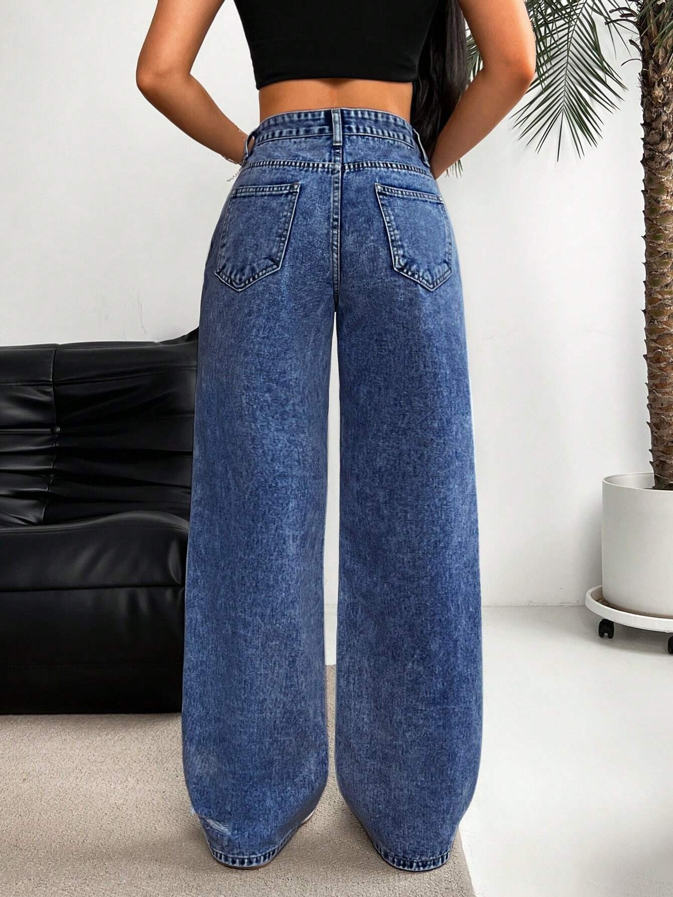 ​​Women's Relaxed Fit Straight Leg Jeans - Vintage Washed Denim, Wide Leg Comfort, Street Style Casual Pants For Everyday Wear​​_ecoleips.com