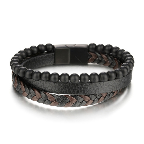 Cross-border new arrival: Natural Scrub Beads, Stainless Steel Leather Bracelet, Titanium Steel Men's Jewelry, Beaded Accessories—Elegant European & American Style